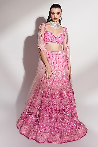 Pink Net Sequins Embroidered Lehenga Set by Anshika Tak Label