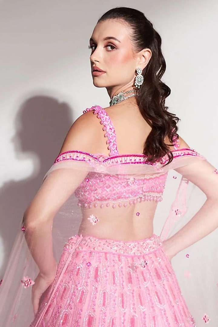 Pink Net Sequins Embroidered Bridal Lehenga Set by Anshika Tak Label at Pernia's Pop Up Shop