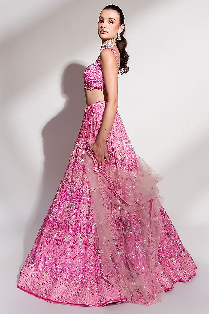 Pink Net Sequins Embroidered Bridal Lehenga Set by Anshika Tak Label at Pernia's Pop Up Shop
