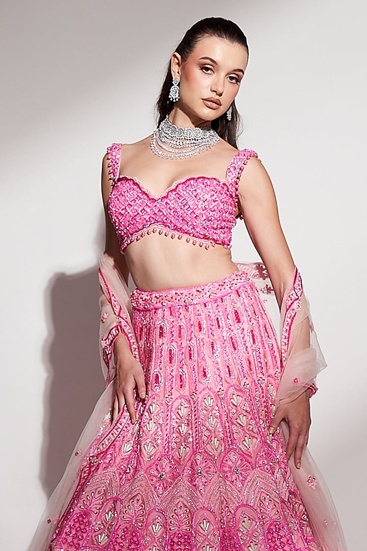 Pink Net Sequins Embroidered Bridal Lehenga Set by Anshika Tak Label at Pernia's Pop Up Shop