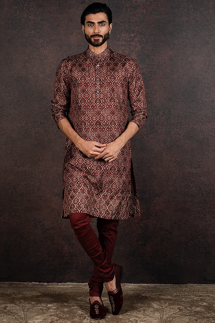 Maroon Silk Kurta Set by JJ Valaya Men