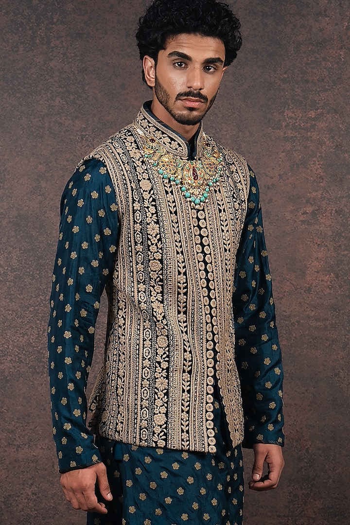 Blue Silk Bundi Jacket  by JJ Valaya Men