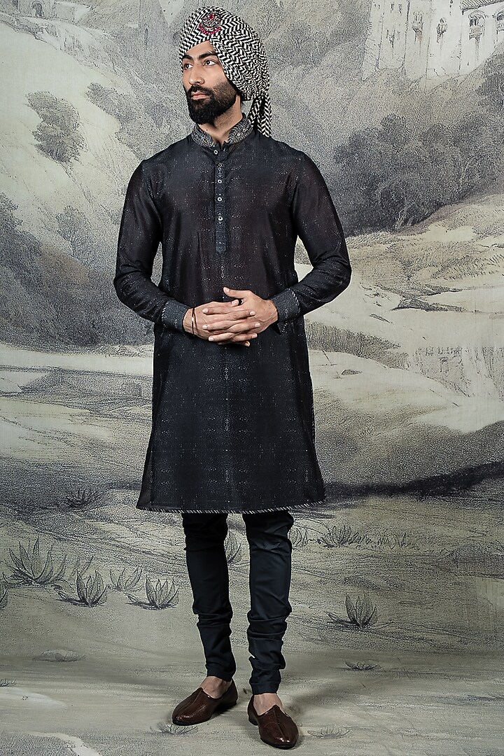 Black Silk Kurta Set by JJ Valaya Men at Pernia's Pop Up Shop