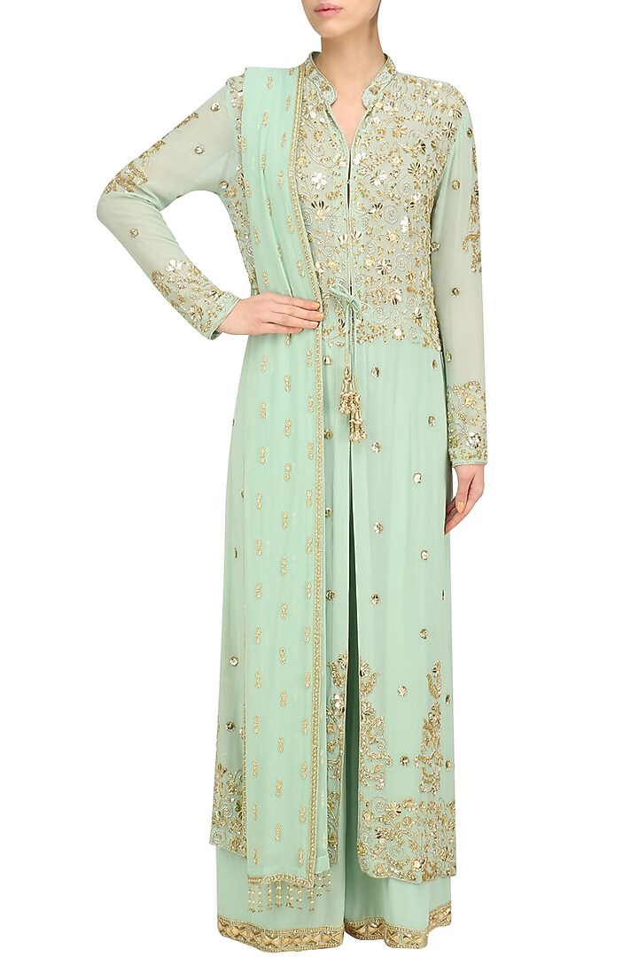 Pista green pearl embroidered jacket and churidaar set available only at Pernia's Pop Up Shop.