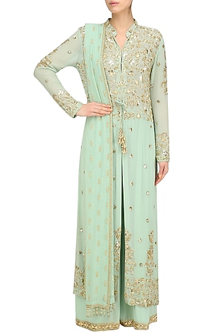 Pista Green Pearl Embroidered Jacket and Churidaar Set by Anushka Khanna