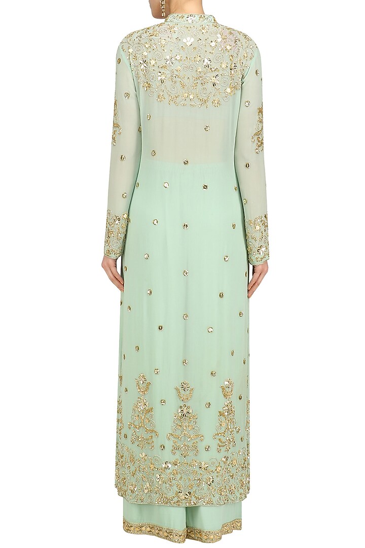 Pista green pearl embroidered jacket and churidaar set available only at Pernia's Pop Up Shop.