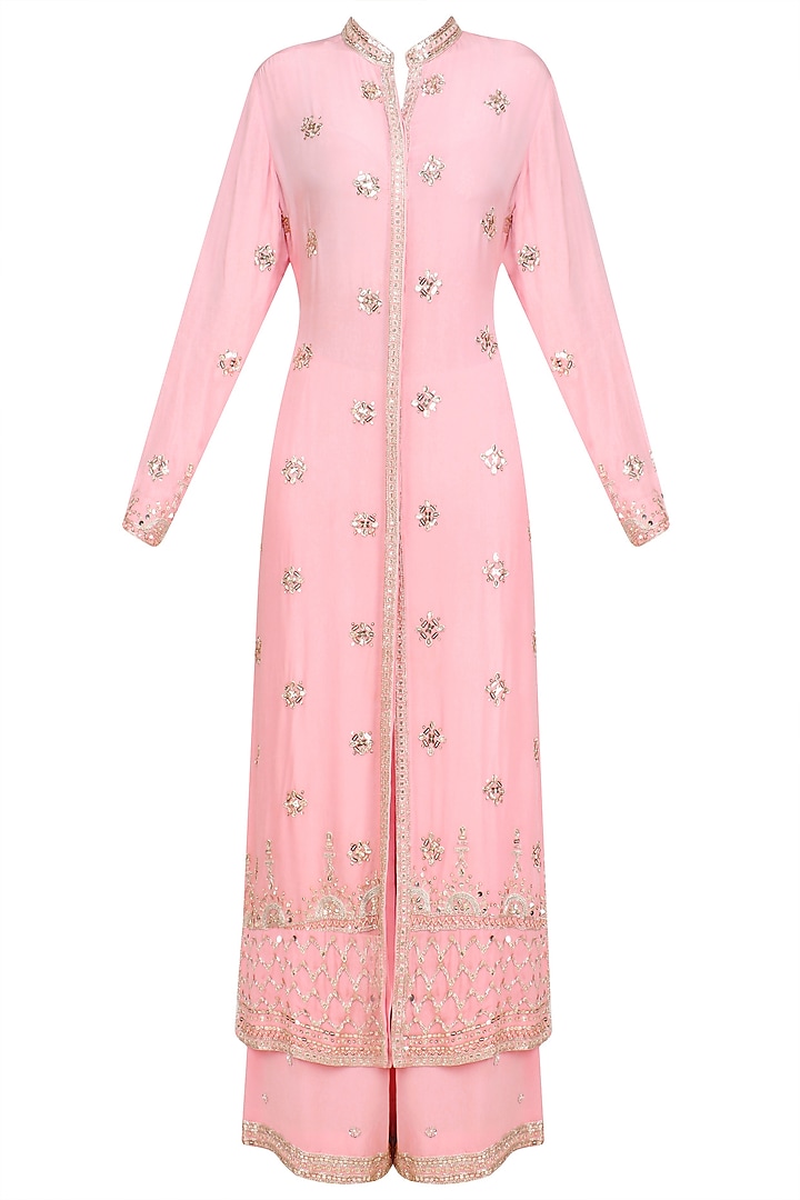 Blush Pink Silver Embroidered Long Jacket and Sharara Pants by Anushka Khanna