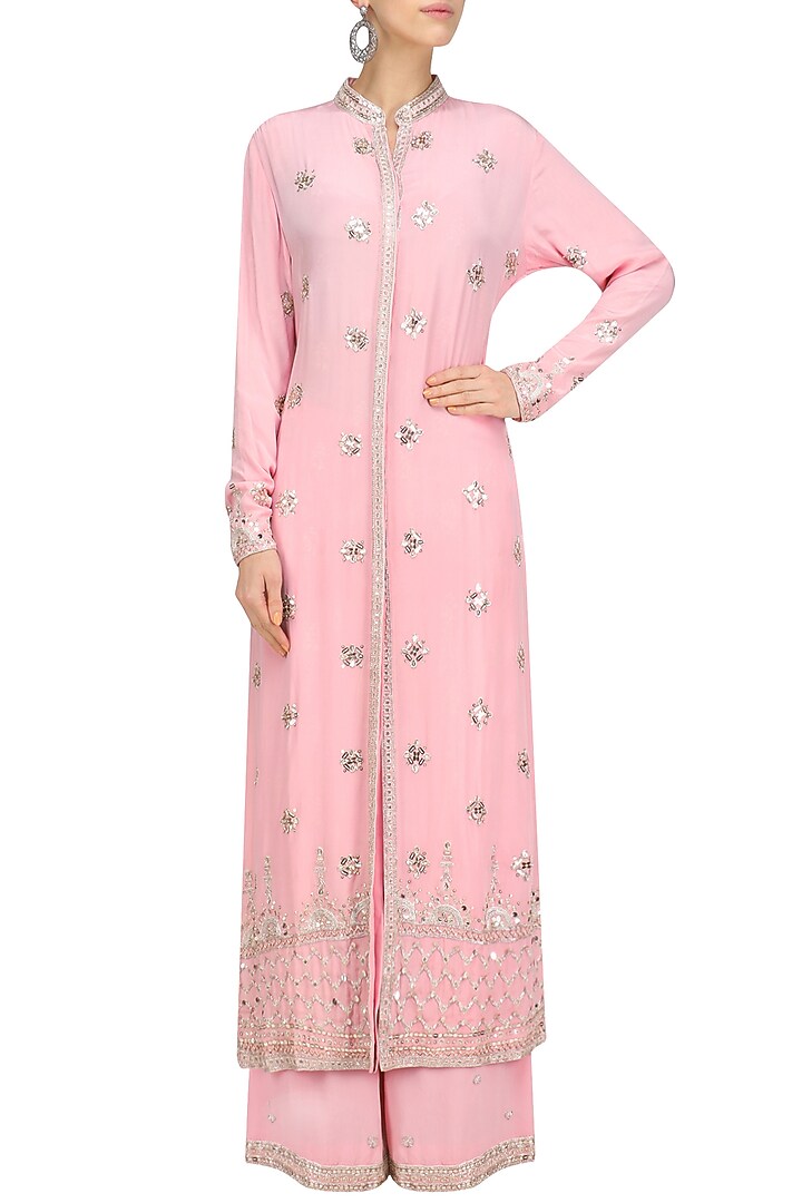 Blush pink silver embroidered long jacket and sharara pants available only at Pernia's Pop Up Shop.