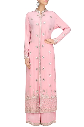 Blush Pink Silver Embroidered Long Jacket and Sharara Pants by Anushka Khanna