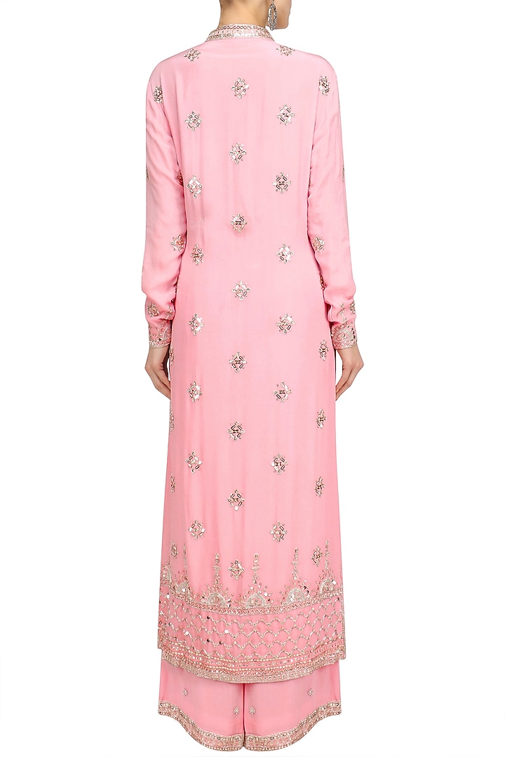 Blush pink silver embroidered long jacket and sharara pants available only at Pernia's Pop Up Shop.
