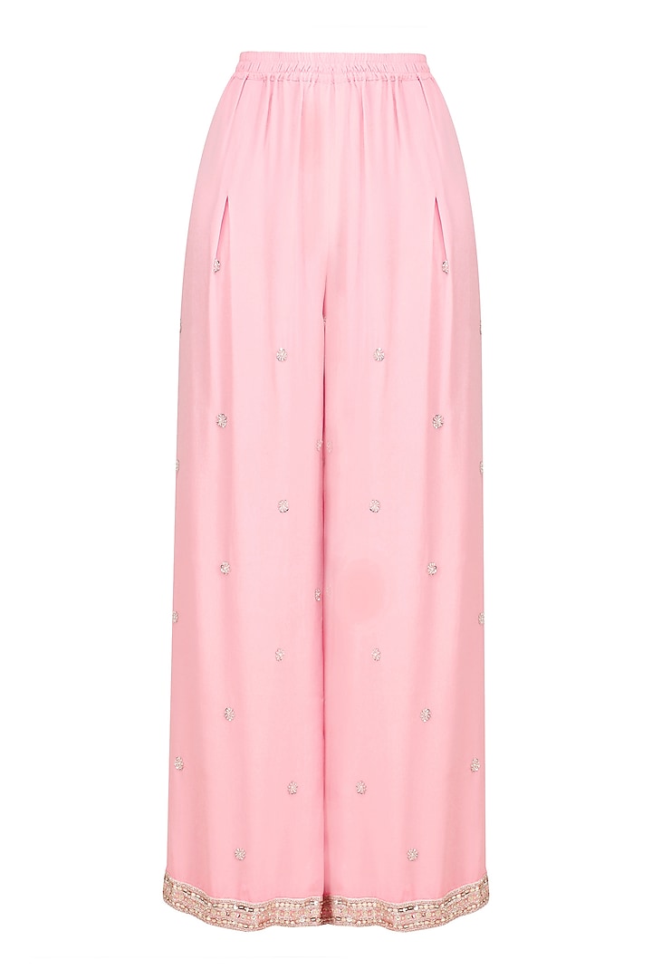 Blush pink silver embroidered long jacket and sharara pants available only at Pernia's Pop Up Shop.