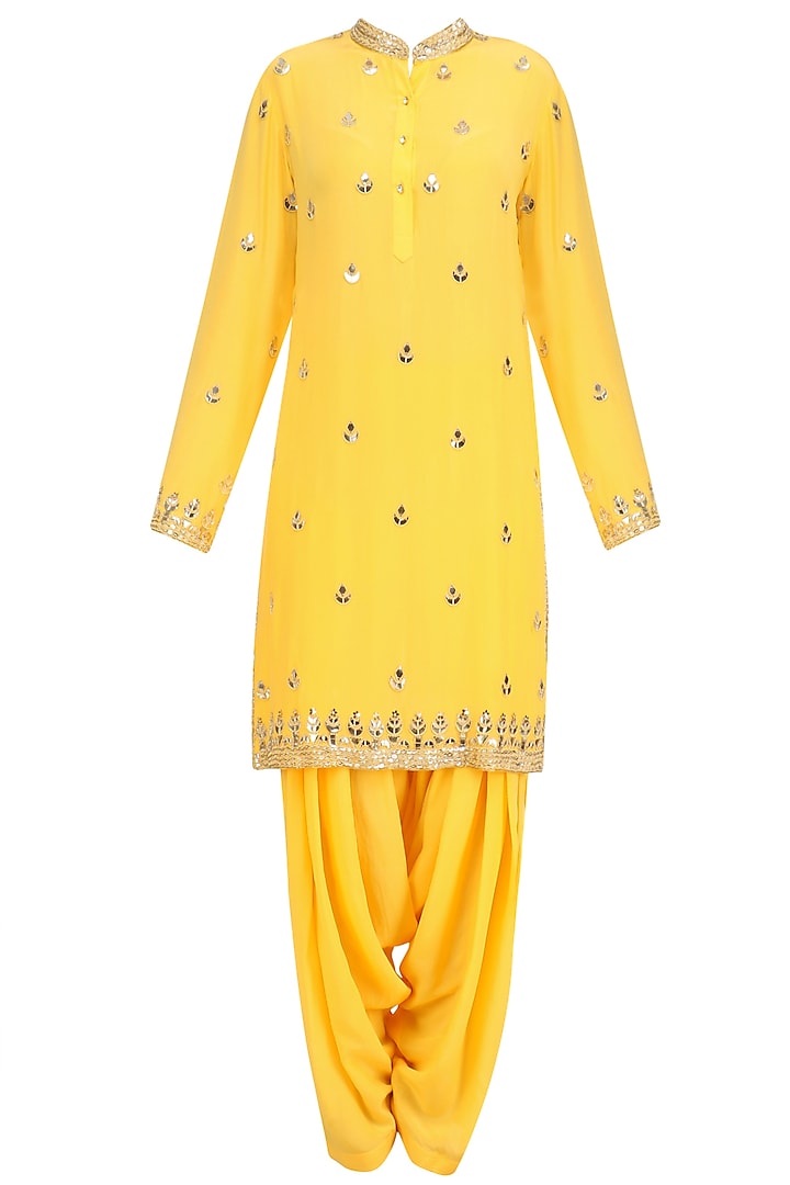 Mango Yellow Gold Embroidered Short Kurta and Patialla Set by Anushka Khanna