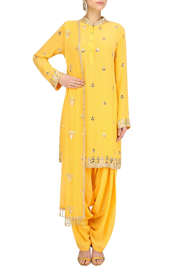 Mango yellow gold embroidered short kurta and patialla set available only at Pernia's Pop Up Shop.