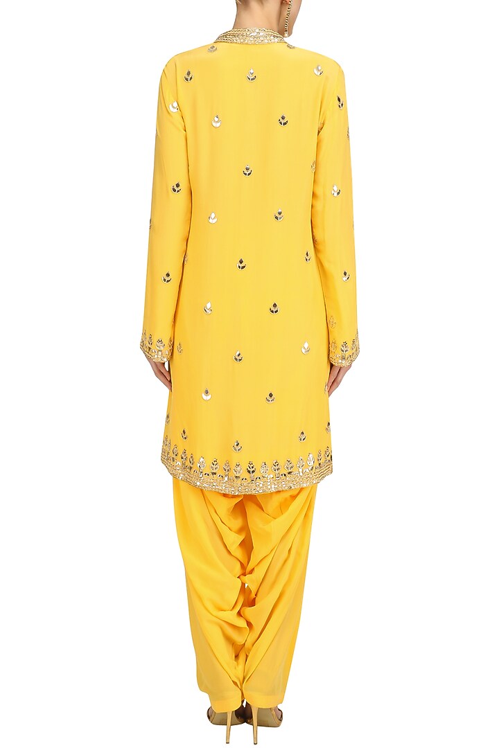 Mango yellow gold embroidered short kurta and patialla set available only at Pernia's Pop Up Shop.
