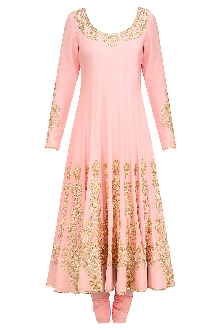 Blush Pink Gold Sequin Embroidered Anarkali and Churidaar Set by Anushka Khanna