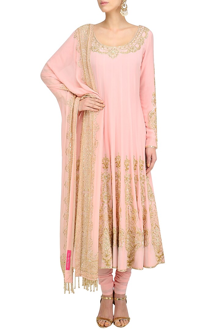Blush pink gold sequin embroidered anarkali and churidaar set available only at Pernia's Pop Up Shop.