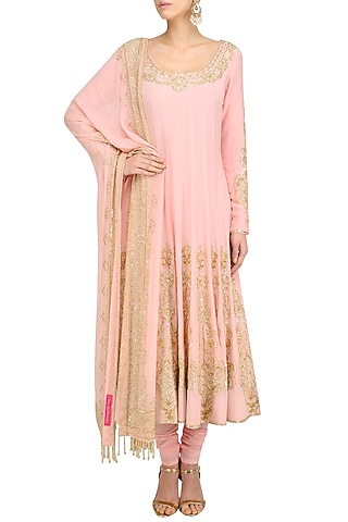 Blush Pink Gold Sequin Embroidered Anarkali and Churidaar Set by Anushka Khanna