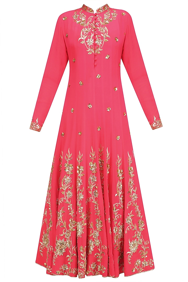 Coral Anarkali with Gold Floral Embroidery and Churidaar Set by Anushka Khanna