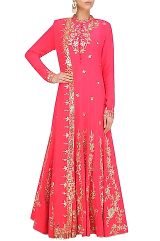 Coral Anarkali with Gold Floral Embroidery and Churidaar Set by Anushka Khanna