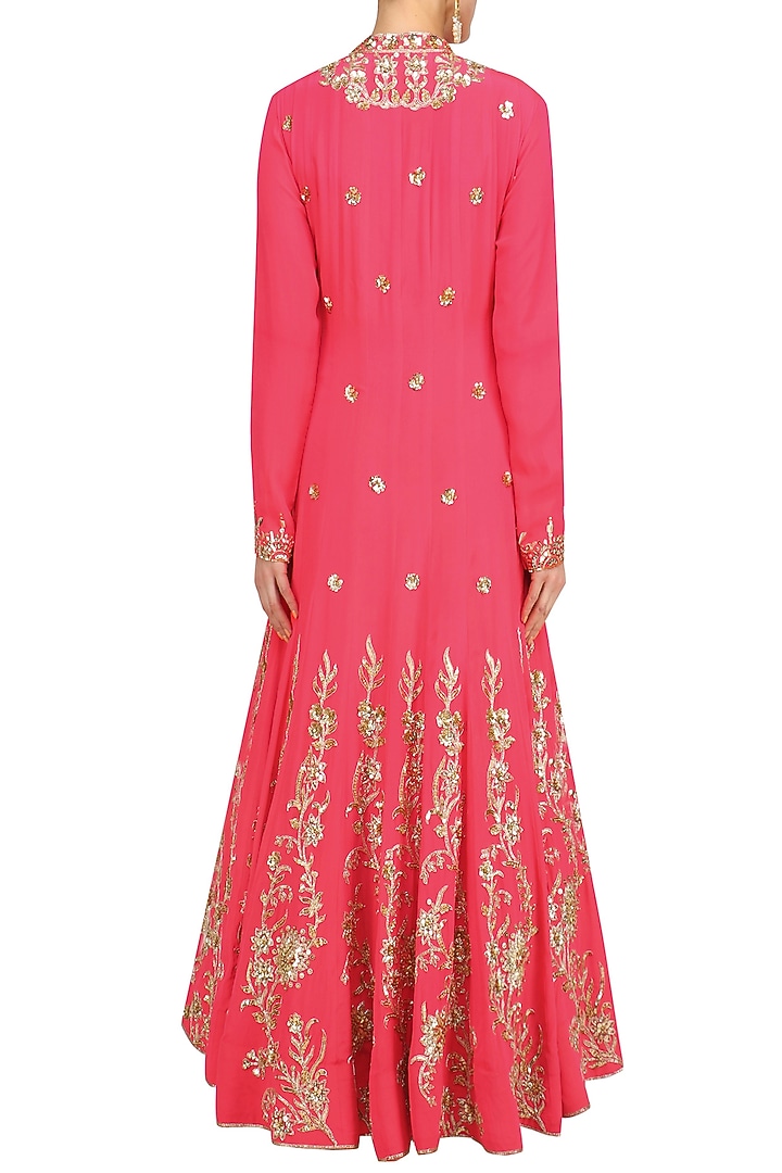 Coral anarkali with gold floral embroidery and churidaar set available only at Pernia's Pop Up Shop.