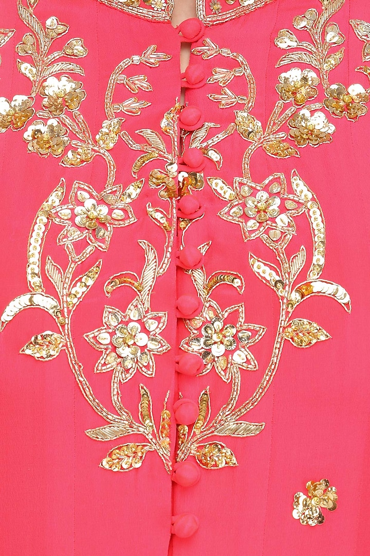Coral anarkali with gold floral embroidery and churidaar set available only at Pernia's Pop Up Shop.