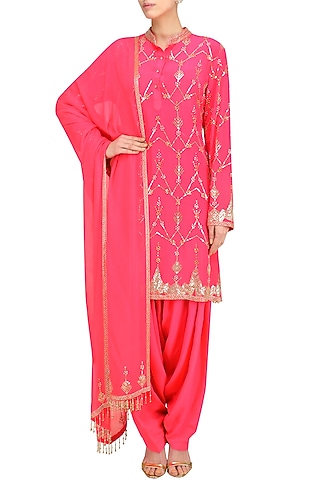 Hot Pink Jaal Embroidered Short Kurta and Patialla Set by Anushka Khanna