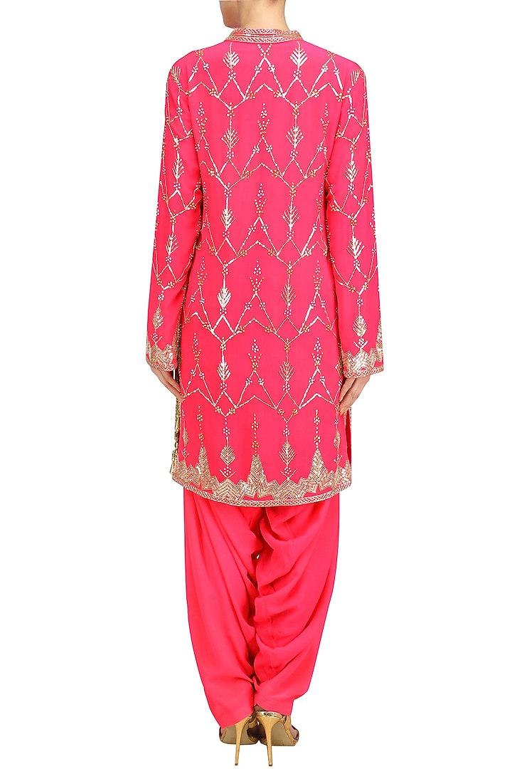 Hot pink jaal embroidered short kurta and patialla set available only at Pernia's Pop Up Shop.