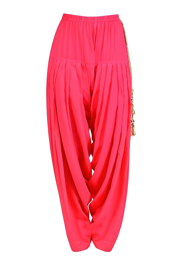 Hot pink jaal embroidered short kurta and patialla set available only at Pernia's Pop Up Shop.