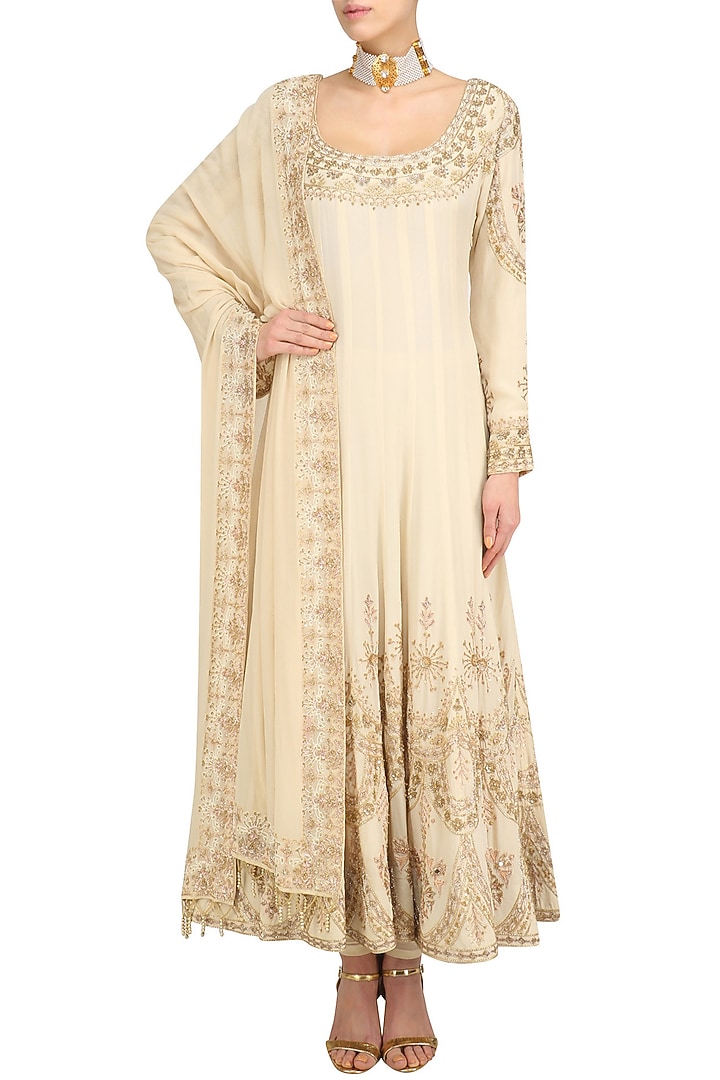 Beige sequin embroidered anarkali and churidaar set available only at Pernia's Pop Up Shop.