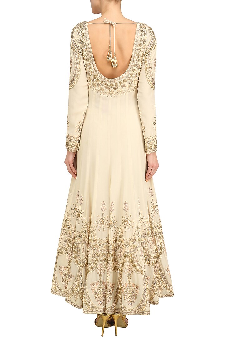 Beige sequin embroidered anarkali and churidaar set available only at Pernia's Pop Up Shop.