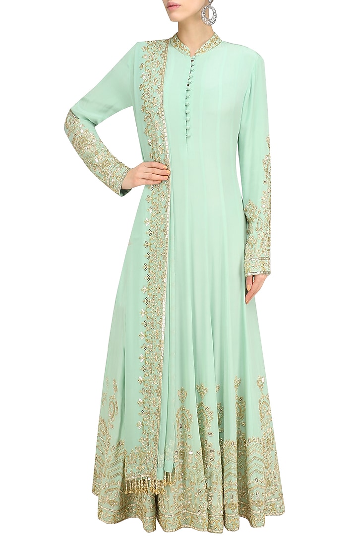 Mint sequin embroidered anarkali and churidaar set available only at Pernia's Pop Up Shop.