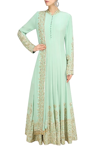 Mint Sequin Embroidered Anarkali and Churidaar Set by Anushka Khanna