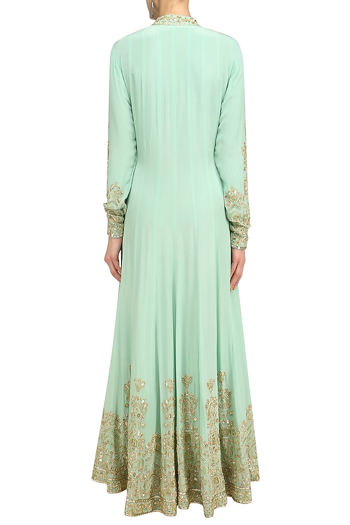 Mint sequin embroidered anarkali and churidaar set available only at Pernia's Pop Up Shop.