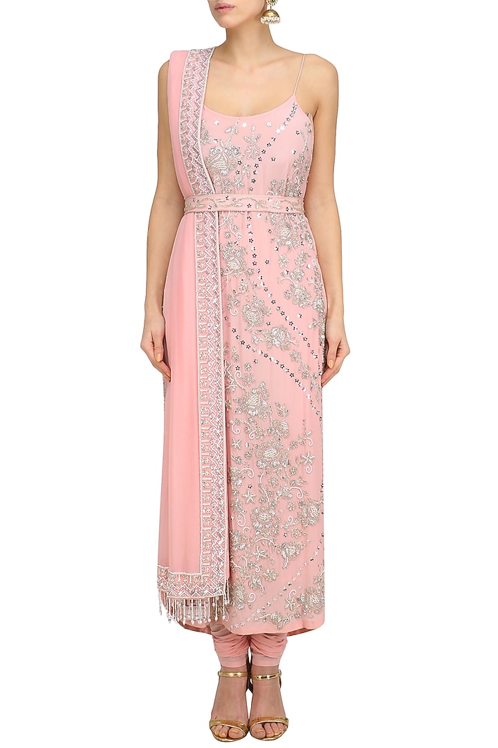 Blush pink floral embroidered kurta and churidaar set available only at Pernia's Pop Up Shop.