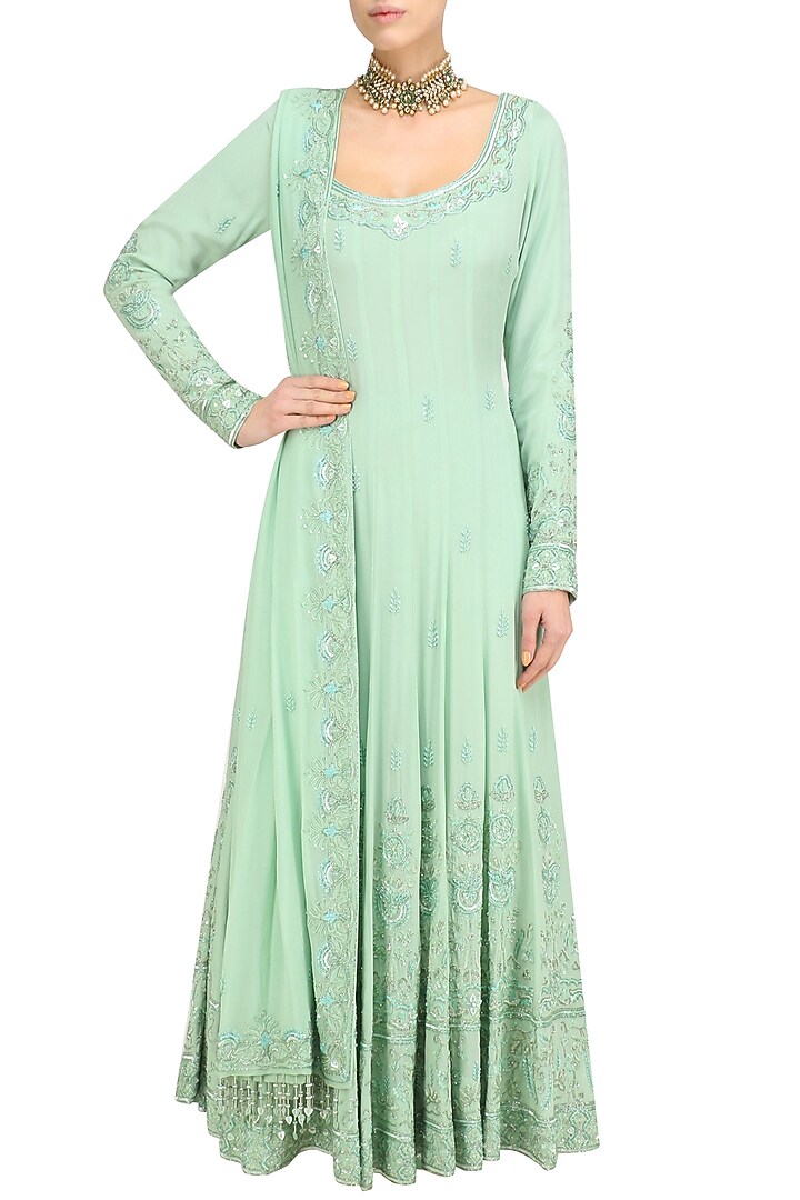 Mint sequin and beads embroidered anarkali and churidaar set available only at Pernia's Pop Up Shop.