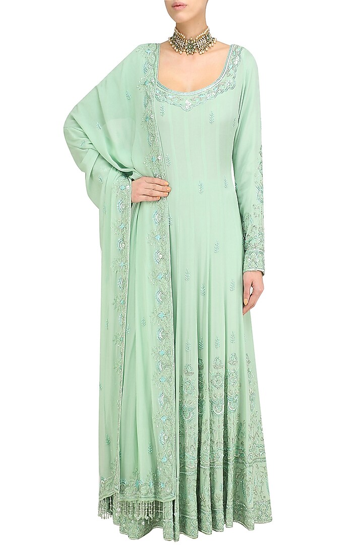 Mint sequin and beads embroidered anarkali and churidaar set available only at Pernia's Pop Up Shop.