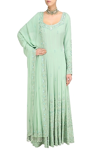 Mint Sequin and Beads Embroidered Anarkali and Churidaar Set by Anushka Khanna