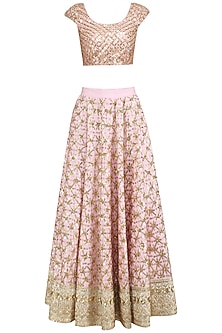Campana Girls Heera Lehenga Set - Floral Jaal & Block Print - Dusty Pink