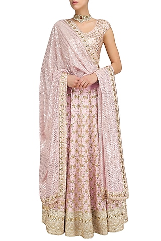 Blush Pink Floral Jaal Embroidered Lehenga Set by Anushka Khanna