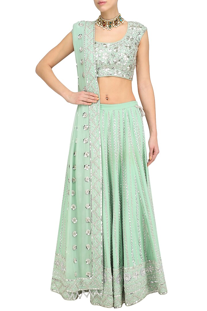 Mint silver embroidered lehenga set available only at Pernia's Pop Up Shop.
