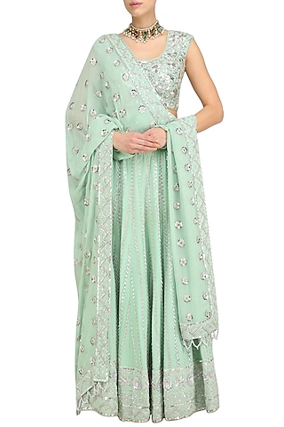 Mint Silver Embroidered Lehenga Set by Anushka Khanna