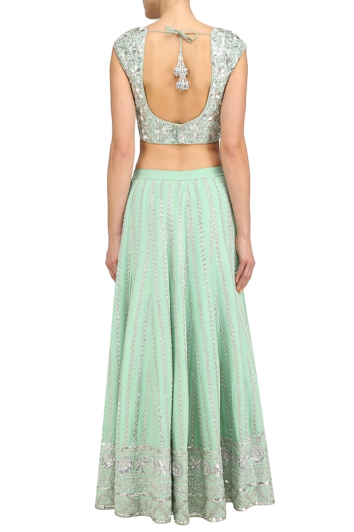 Mint silver embroidered lehenga set available only at Pernia's Pop Up Shop.