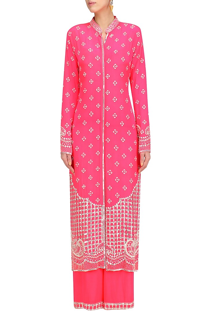 Hot pink embellished jacket and sharara set available only at Pernia's Pop Up Shop