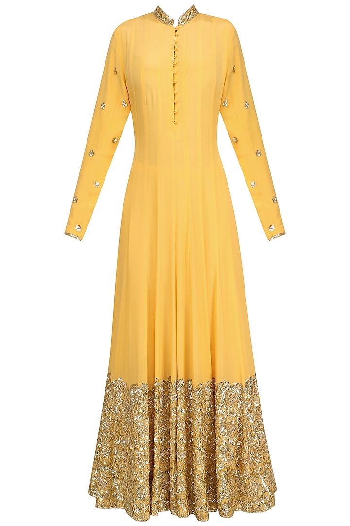 Mango Yellow Embellished Anarkali Set by Anushka Khanna