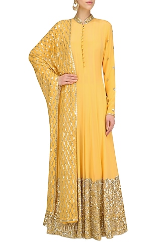 Mango Yellow Embellished Anarkali Set by Anushka Khanna