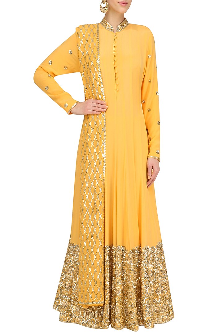 Mango yellow embellished anarkali set available only at Pernia's Pop Up Shop