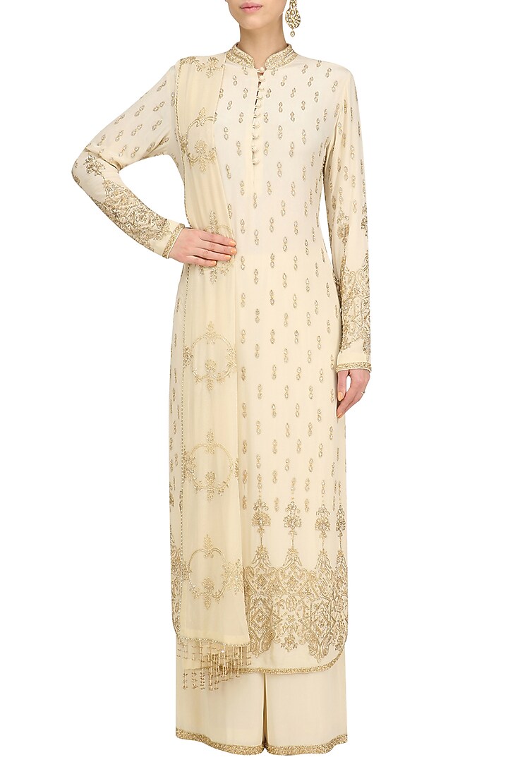 Beige embellished kurta and sharara set available only at Pernia's Pop Up Shop