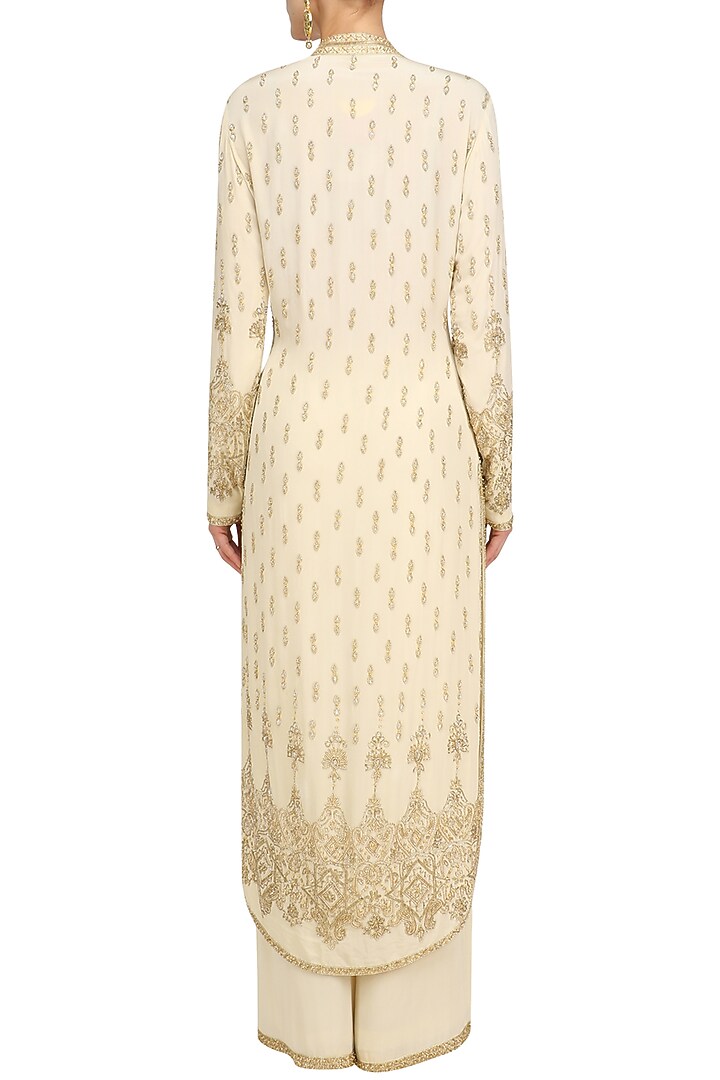Beige embellished kurta and sharara set available only at Pernia's Pop Up Shop