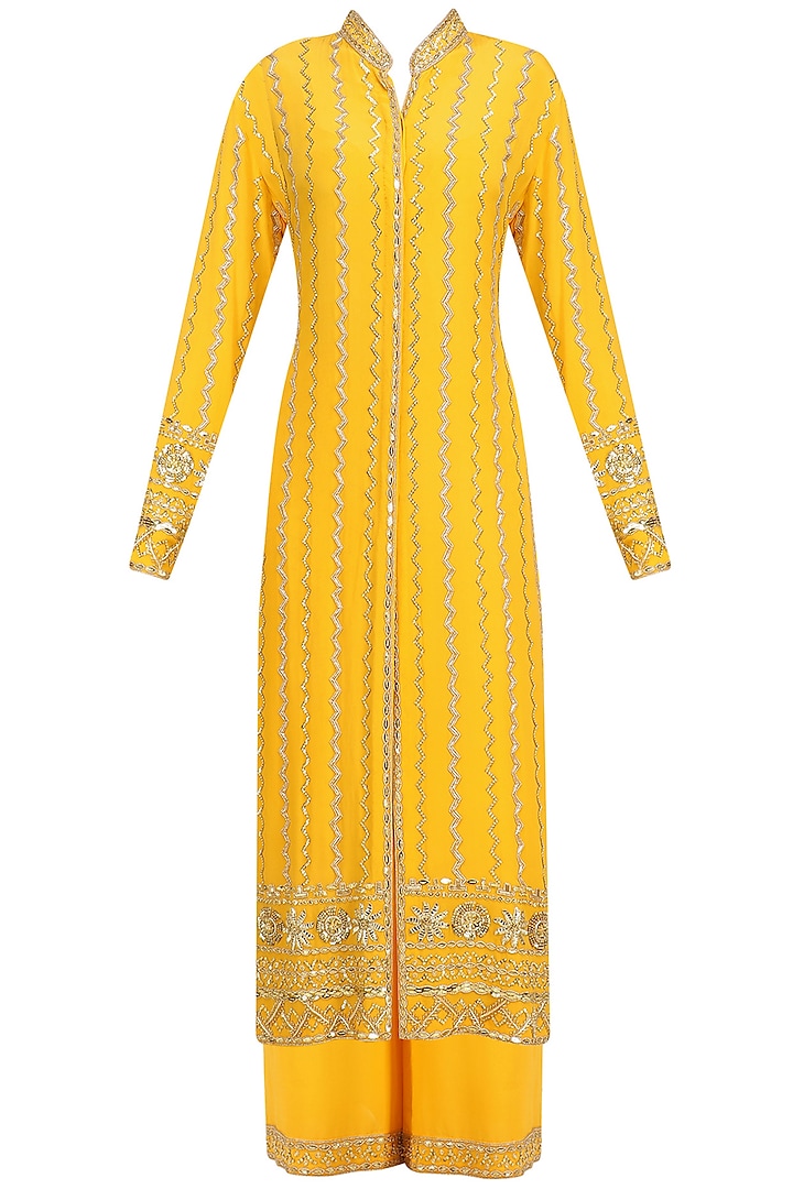 Mango Yellow Embellished Jacket and Sharara Set by Anushka Khanna