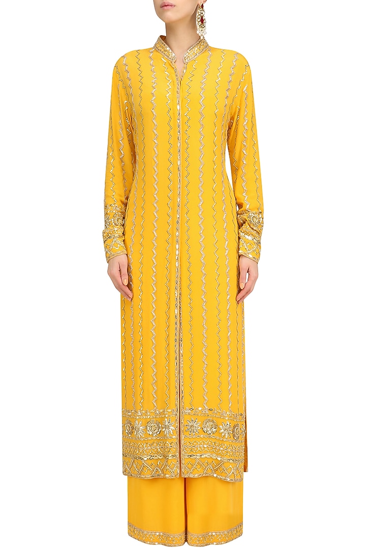 Mango yellow embellished jacket and sharara set available only at Pernia's Pop Up Shop